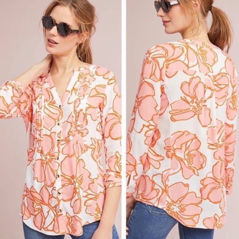 ANTHROPOLOGIE MAEVE Floral Pin-tuck Front Top Convertible Sleeves